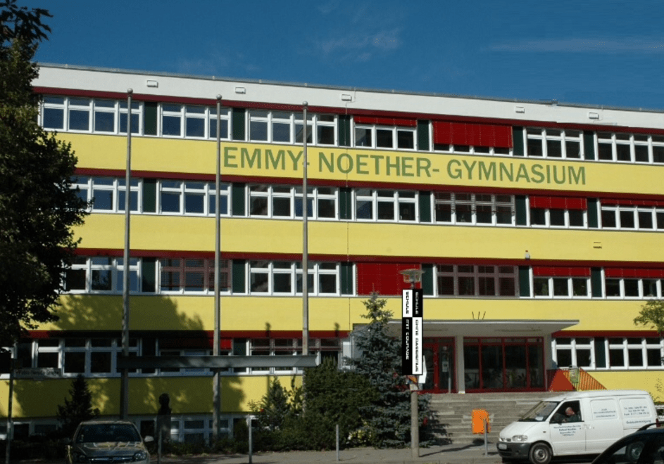 The Emmy Noether High School in Berlin, a 1970s building resplendent in red and faded yellow